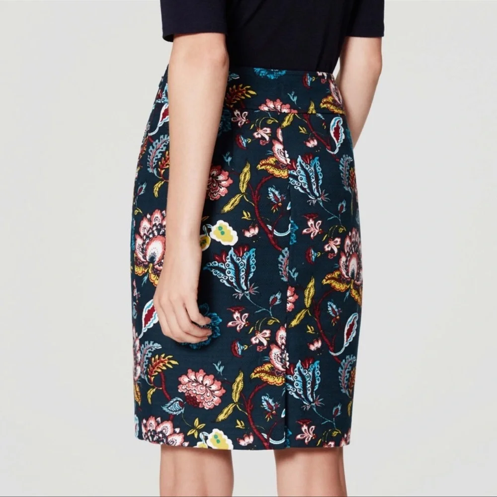 Ann Taylor LOFT Deep Teal Floral Skirt w/ Kick Pleat SZ 8 - Picture 3 of 14